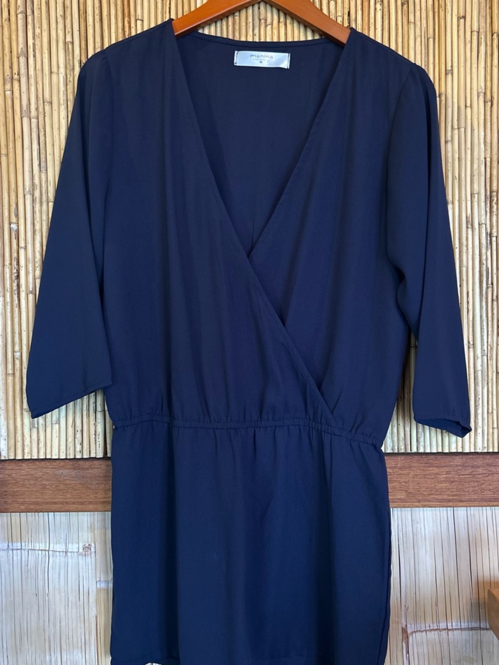 Mahina Navy Blue V-Neck Wrap M Romper Lightweight Short 3/4 Sleeve Summer Casual
